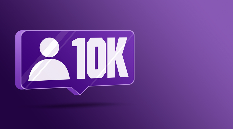 Icon 10k followers in social networks, glass speech bubble icon 3d. Social media notifications subscribers.